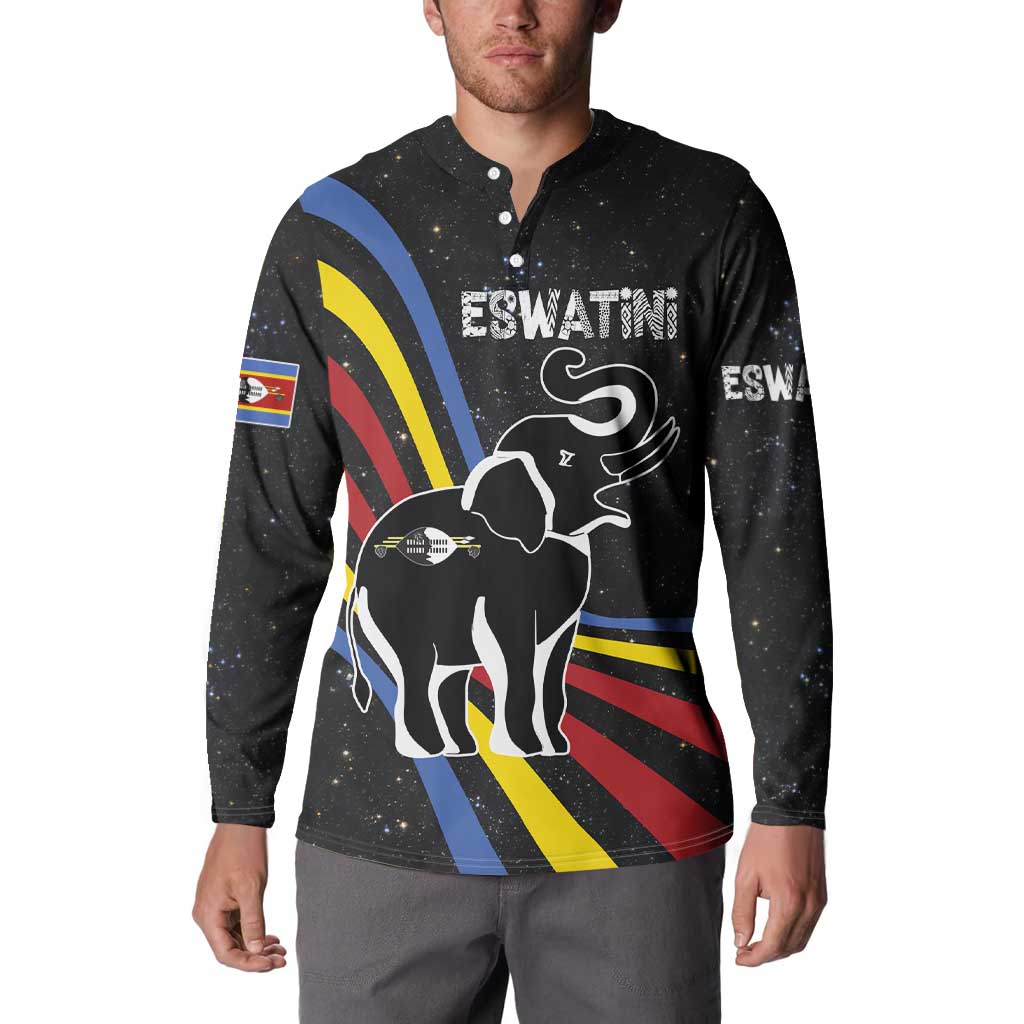 Eswatini Elephant Button Sweatshirt with Cosmic Background and Swazi Flag Colors