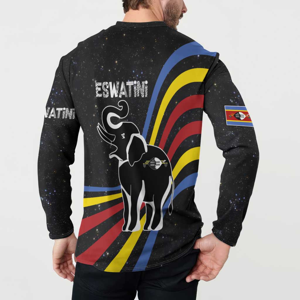 Eswatini Elephant Button Sweatshirt with Cosmic Background and Swazi Flag Colors