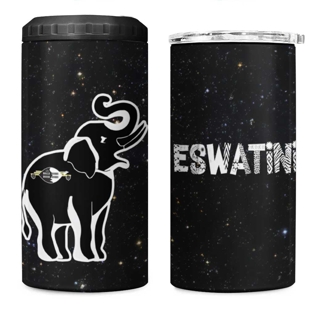 Eswatini Elephant 4 in 1 Can Cooler Tumbler with Cosmic Background and Swazi Flag Colors