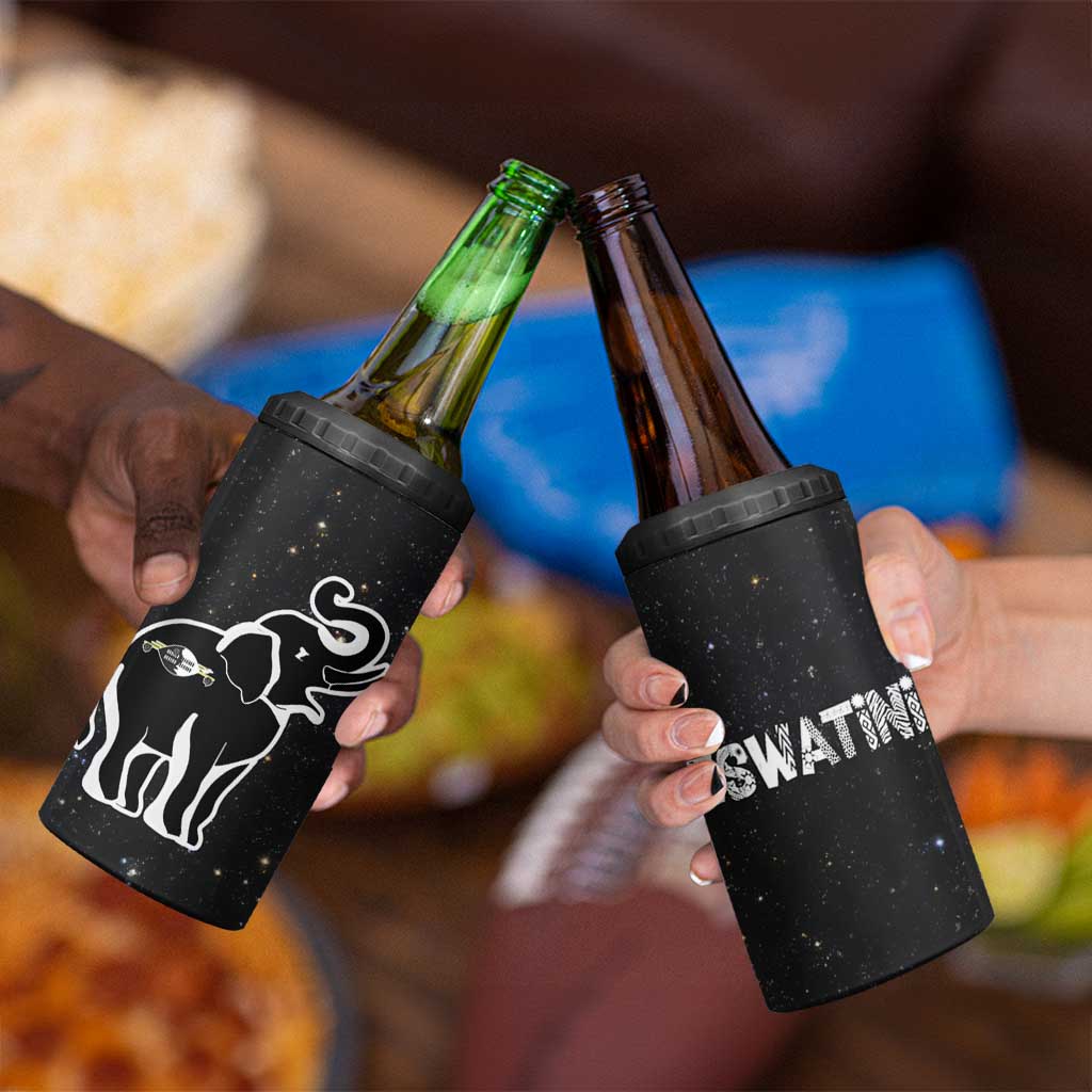 Eswatini Elephant 4 in 1 Can Cooler Tumbler with Cosmic Background and Swazi Flag Colors