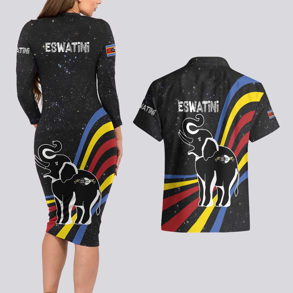 Eswatini Elephant Couples Matching Long Sleeve Bodycon Dress and Hawaiian Shirt with Cosmic Background and Swazi Flag Colors