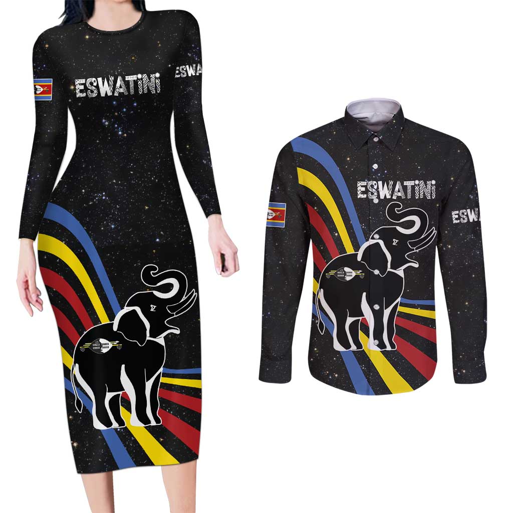 Eswatini Elephant Couples Matching Long Sleeve Bodycon Dress and Long Sleeve Button Shirt with Cosmic Background and Swazi Flag Colors