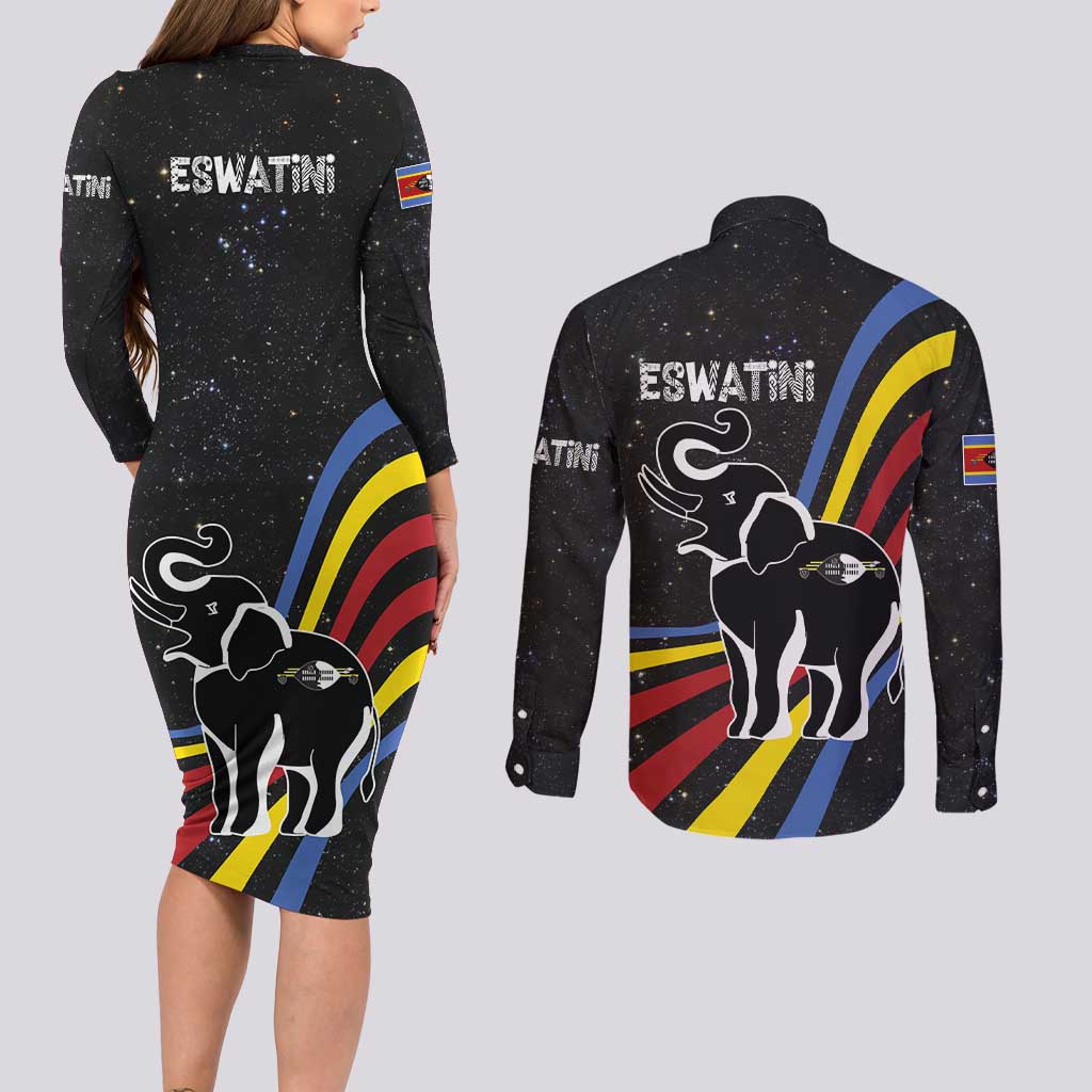 Eswatini Elephant Couples Matching Long Sleeve Bodycon Dress and Long Sleeve Button Shirt with Cosmic Background and Swazi Flag Colors