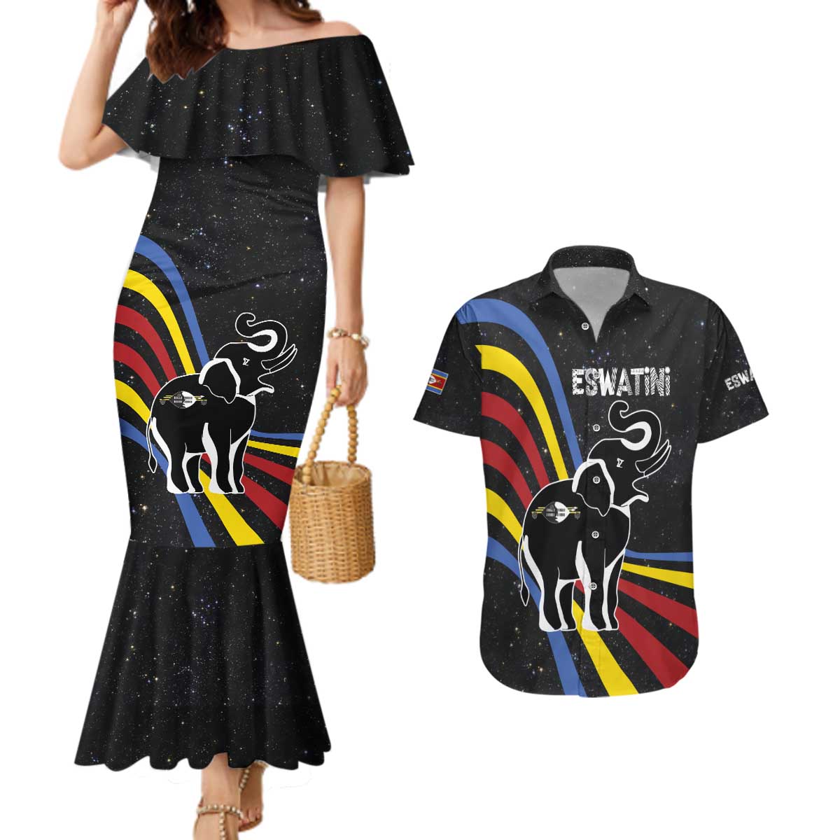 Eswatini Elephant Couples Matching Mermaid Dress and Hawaiian Shirt with Cosmic Background and Swazi Flag Colors