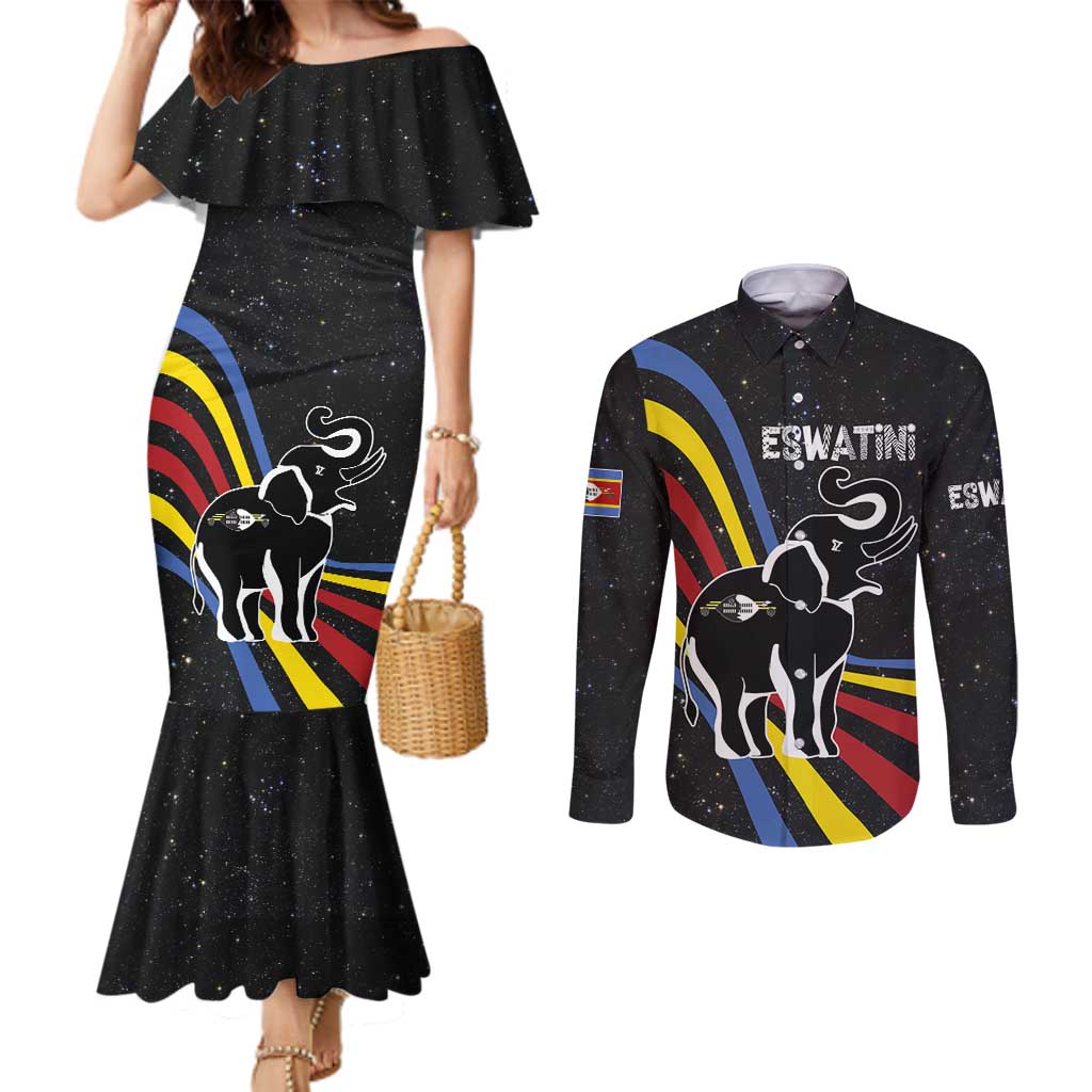 Eswatini Elephant Couples Matching Mermaid Dress and Long Sleeve Button Shirt with Cosmic Background and Swazi Flag Colors