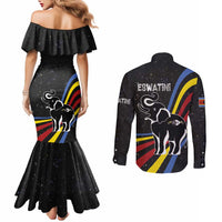Eswatini Elephant Couples Matching Mermaid Dress and Long Sleeve Button Shirt with Cosmic Background and Swazi Flag Colors