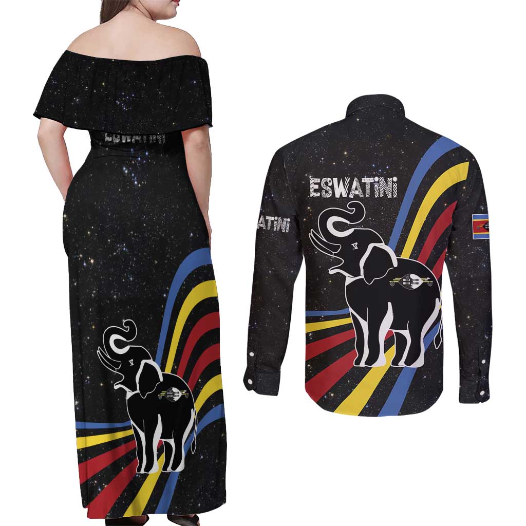 Eswatini Elephant Couples Matching Off Shoulder Maxi Dress and Long Sleeve Button Shirt with Cosmic Background and Swazi Flag Colors