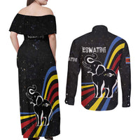 Eswatini Elephant Couples Matching Off Shoulder Maxi Dress and Long Sleeve Button Shirt with Cosmic Background and Swazi Flag Colors