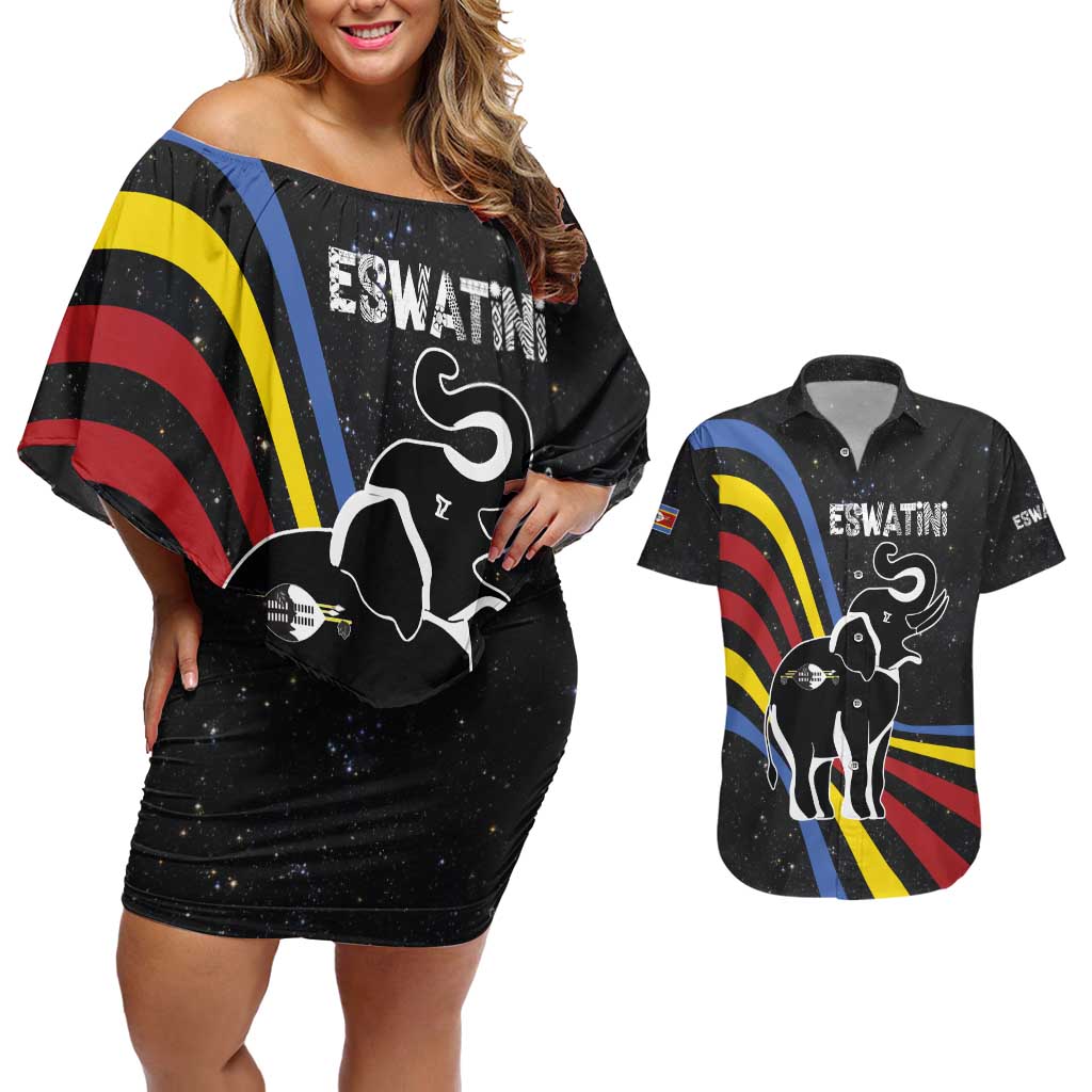 Eswatini Elephant Couples Matching Off Shoulder Short Dress and Hawaiian Shirt with Cosmic Background and Swazi Flag Colors