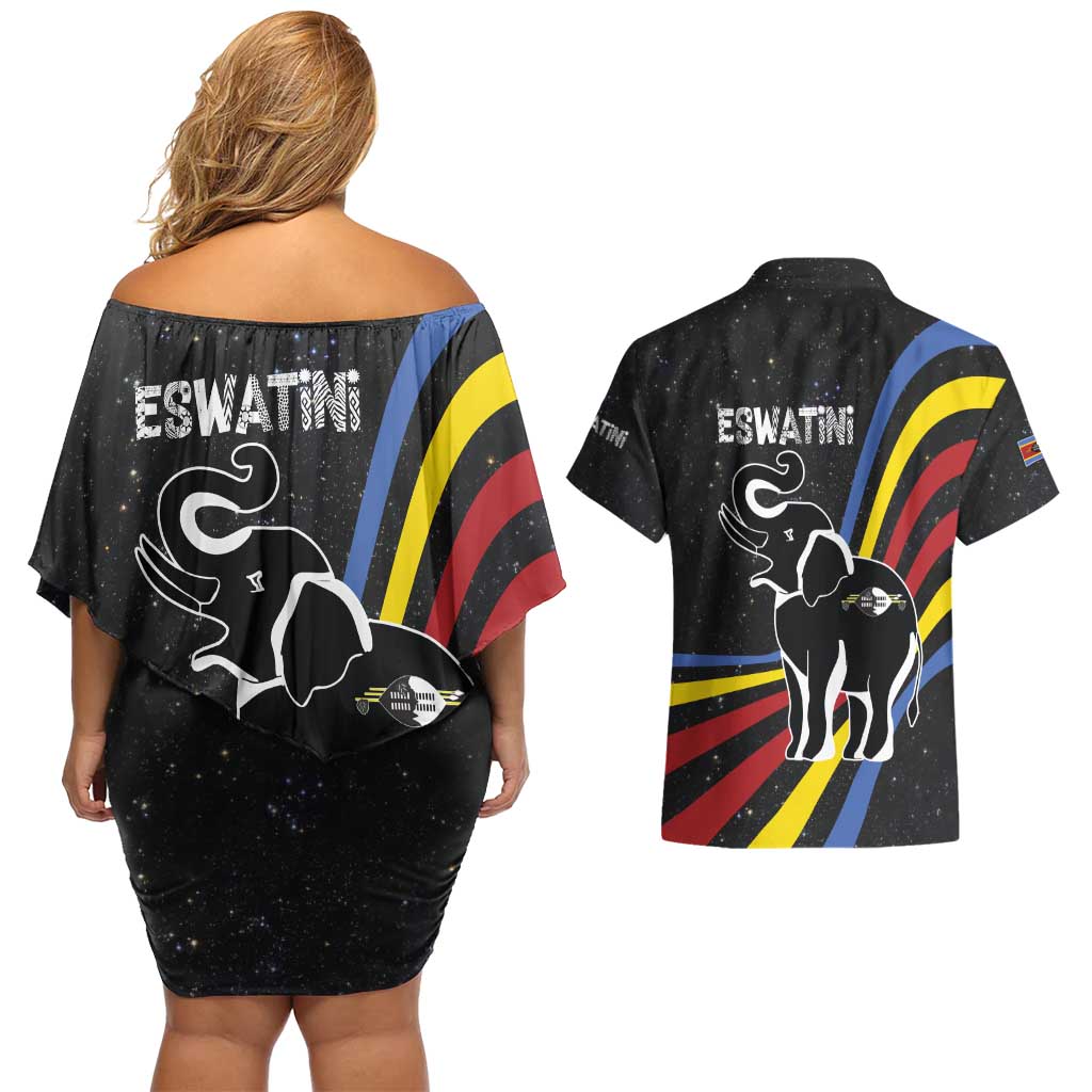 Eswatini Elephant Couples Matching Off Shoulder Short Dress and Hawaiian Shirt with Cosmic Background and Swazi Flag Colors