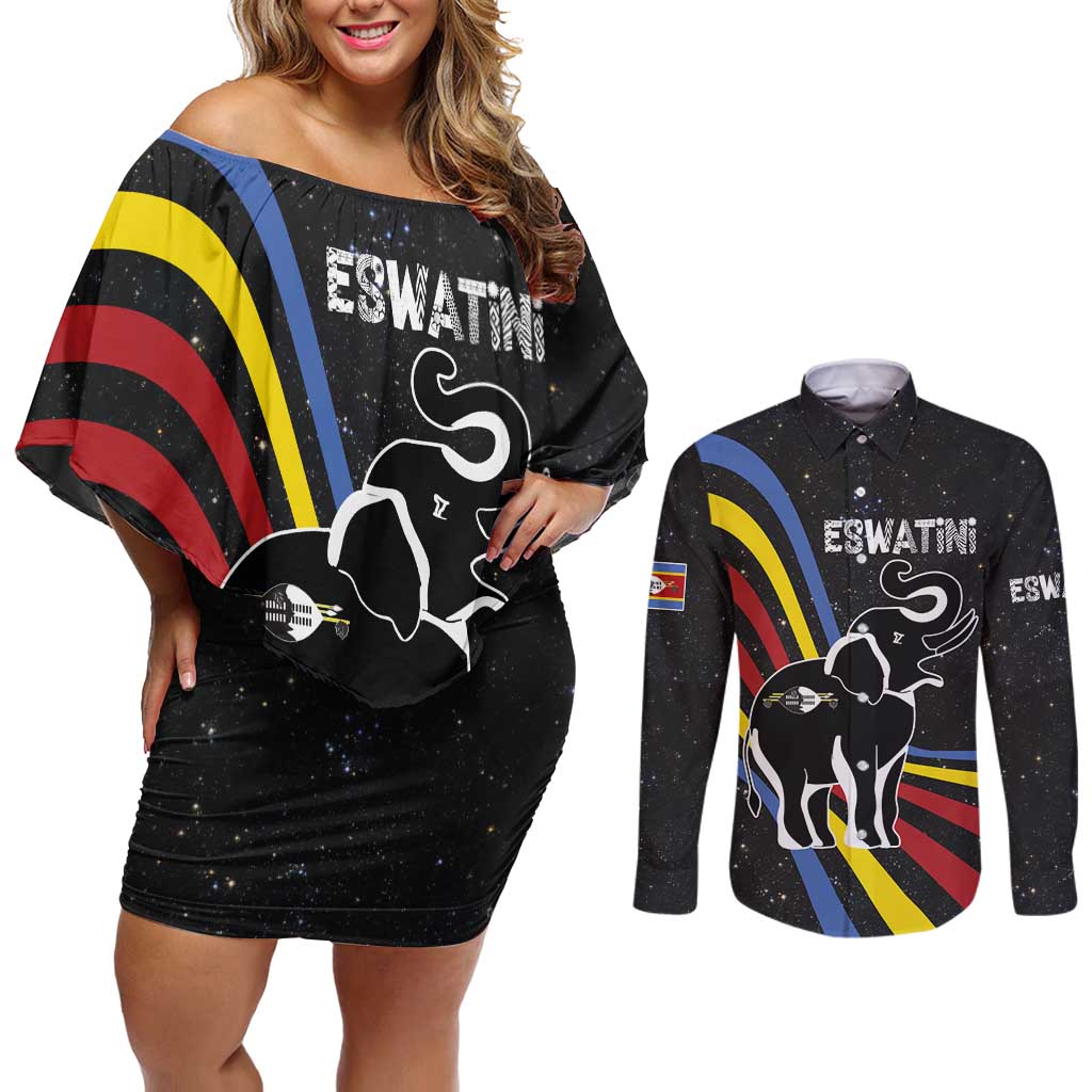 Eswatini Elephant Couples Matching Off Shoulder Short Dress and Long Sleeve Button Shirt with Cosmic Background and Swazi Flag Colors