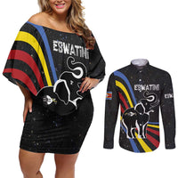 Eswatini Elephant Couples Matching Off Shoulder Short Dress and Long Sleeve Button Shirt with Cosmic Background and Swazi Flag Colors