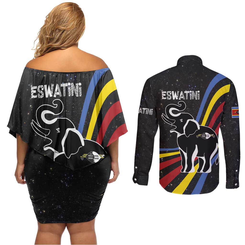 Eswatini Elephant Couples Matching Off Shoulder Short Dress and Long Sleeve Button Shirt with Cosmic Background and Swazi Flag Colors