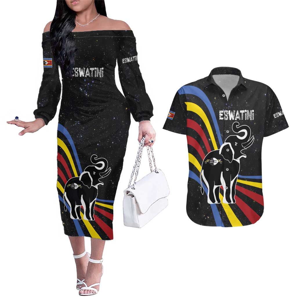 Eswatini Elephant Couples Matching Off The Shoulder Long Sleeve Dress and Hawaiian Shirt with Cosmic Background and Swazi Flag Colors