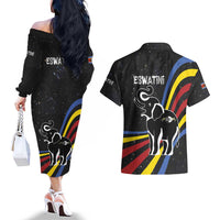 Eswatini Elephant Couples Matching Off The Shoulder Long Sleeve Dress and Hawaiian Shirt with Cosmic Background and Swazi Flag Colors