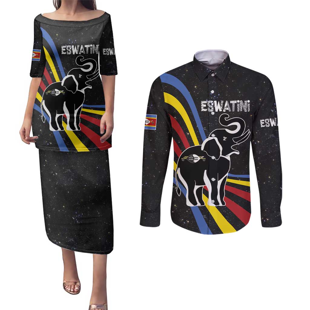 Eswatini Elephant Couples Matching Puletasi and Long Sleeve Button Shirt with Cosmic Background and Swazi Flag Colors