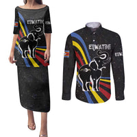 Eswatini Elephant Couples Matching Puletasi and Long Sleeve Button Shirt with Cosmic Background and Swazi Flag Colors