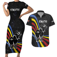 Eswatini Elephant Couples Matching Short Sleeve Bodycon Dress and Hawaiian Shirt with Cosmic Background and Swazi Flag Colors