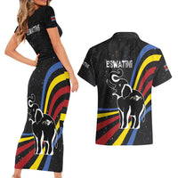Eswatini Elephant Couples Matching Short Sleeve Bodycon Dress and Hawaiian Shirt with Cosmic Background and Swazi Flag Colors