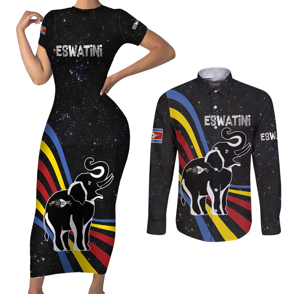 Eswatini Elephant Couples Matching Short Sleeve Bodycon Dress and Long Sleeve Button Shirt with Cosmic Background and Swazi Flag Colors