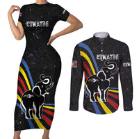 Eswatini Elephant Couples Matching Short Sleeve Bodycon Dress and Long Sleeve Button Shirt with Cosmic Background and Swazi Flag Colors