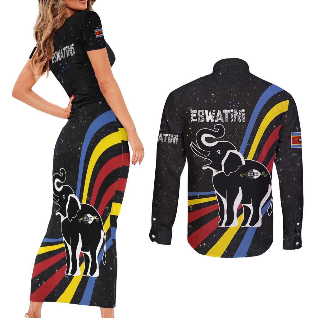 Eswatini Elephant Couples Matching Short Sleeve Bodycon Dress and Long Sleeve Button Shirt with Cosmic Background and Swazi Flag Colors