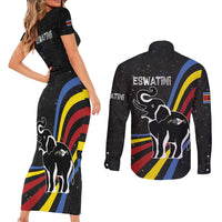 Eswatini Elephant Couples Matching Short Sleeve Bodycon Dress and Long Sleeve Button Shirt with Cosmic Background and Swazi Flag Colors