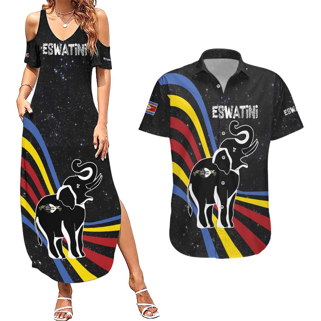 Eswatini Elephant Couples Matching Summer Maxi Dress and Hawaiian Shirt with Cosmic Background and Swazi Flag Colors
