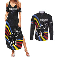 Eswatini Elephant Couples Matching Summer Maxi Dress and Long Sleeve Button Shirt with Cosmic Background and Swazi Flag Colors