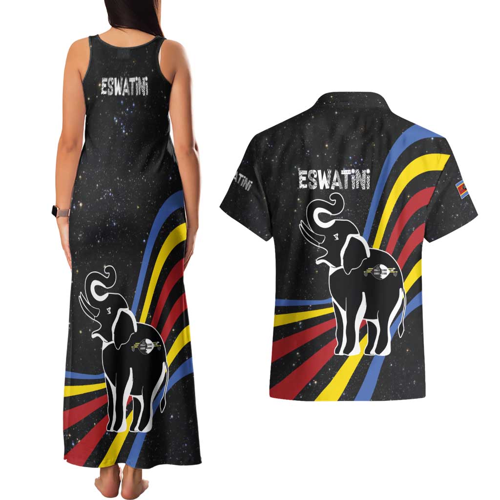 Eswatini Elephant Couples Matching Tank Maxi Dress and Hawaiian Shirt with Cosmic Background and Swazi Flag Colors