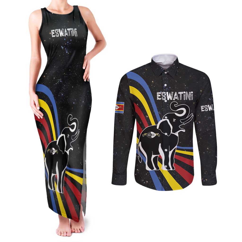 Eswatini Elephant Couples Matching Tank Maxi Dress and Long Sleeve Button Shirt with Cosmic Background and Swazi Flag Colors