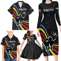 Eswatini Elephant Family Matching Long Sleeve Bodycon Dress and Hawaiian Shirt with Cosmic Background and Swazi Flag Colors
