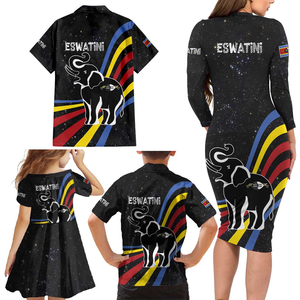 Eswatini Elephant Family Matching Long Sleeve Bodycon Dress and Hawaiian Shirt with Cosmic Background and Swazi Flag Colors