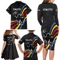 Eswatini Elephant Family Matching Long Sleeve Bodycon Dress and Hawaiian Shirt with Cosmic Background and Swazi Flag Colors