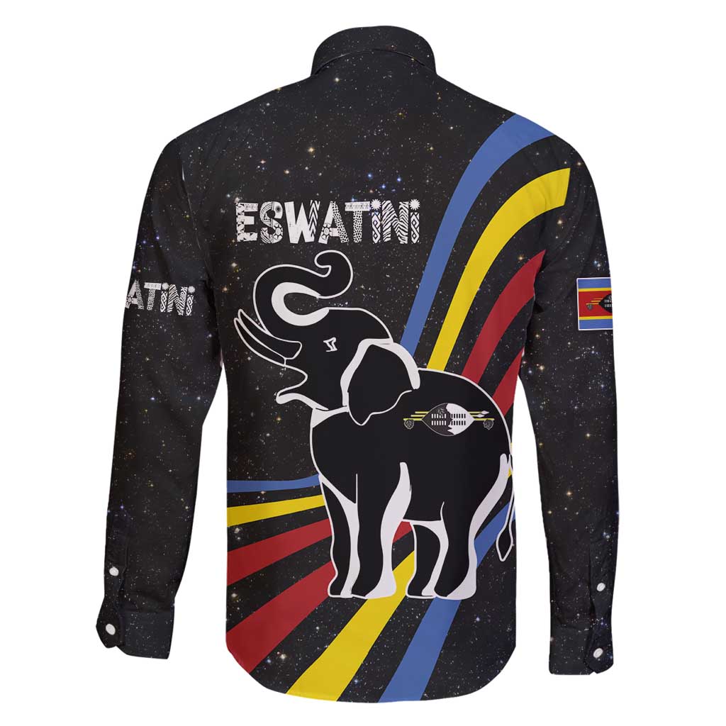 Eswatini Elephant Family Matching Long Sleeve Bodycon Dress and Hawaiian Shirt with Cosmic Background and Swazi Flag Colors