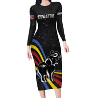 Eswatini Elephant Family Matching Long Sleeve Bodycon Dress and Hawaiian Shirt with Cosmic Background and Swazi Flag Colors