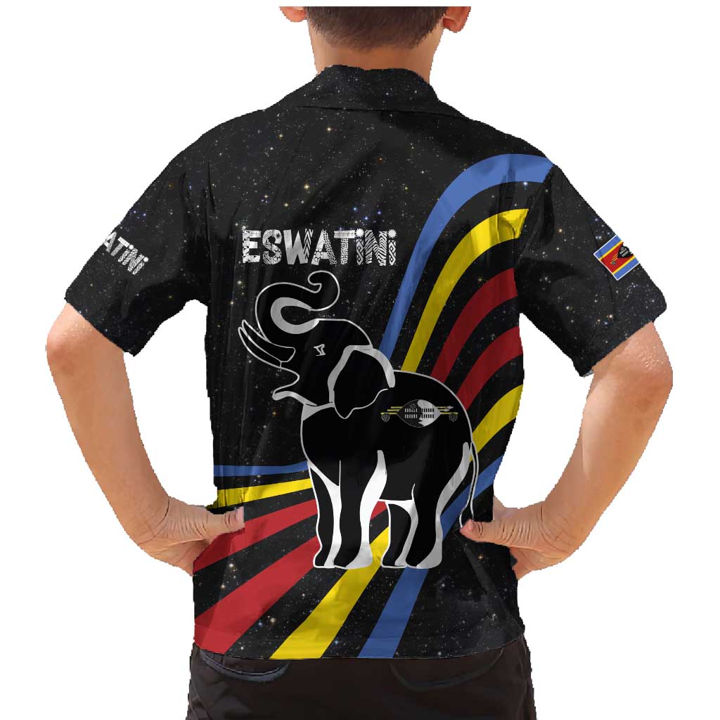 Eswatini Elephant Family Matching Mermaid Dress and Hawaiian Shirt with Cosmic Background and Swazi Flag Colors