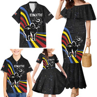 Eswatini Elephant Family Matching Mermaid Dress and Hawaiian Shirt with Cosmic Background and Swazi Flag Colors