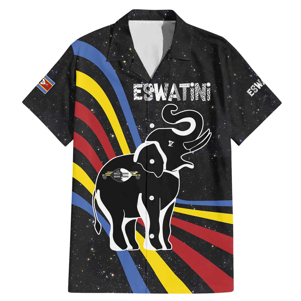 Eswatini Elephant Family Matching Mermaid Dress and Hawaiian Shirt with Cosmic Background and Swazi Flag Colors