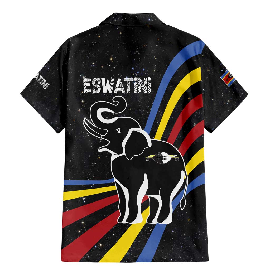 Eswatini Elephant Family Matching Mermaid Dress and Hawaiian Shirt with Cosmic Background and Swazi Flag Colors