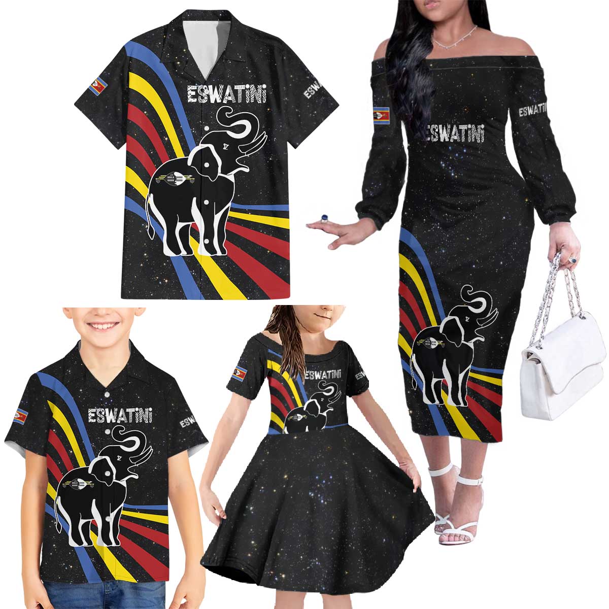 Eswatini Elephant Family Matching Off The Shoulder Long Sleeve Dress and Hawaiian Shirt with Cosmic Background and Swazi Flag Colors