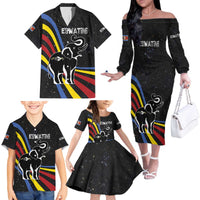 Eswatini Elephant Family Matching Off The Shoulder Long Sleeve Dress and Hawaiian Shirt with Cosmic Background and Swazi Flag Colors