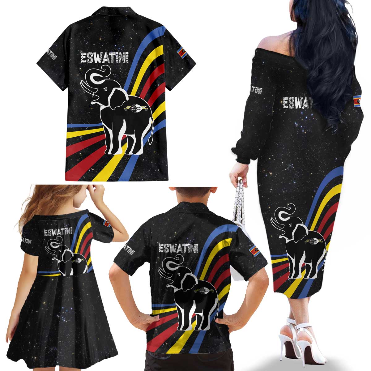 Eswatini Elephant Family Matching Off The Shoulder Long Sleeve Dress and Hawaiian Shirt with Cosmic Background and Swazi Flag Colors