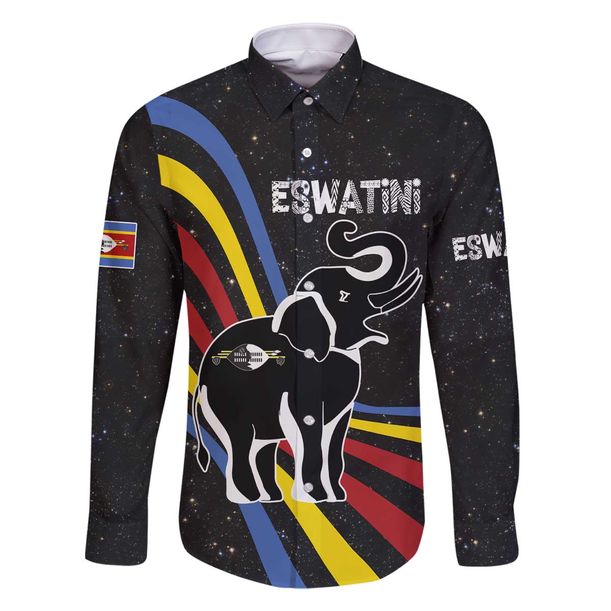Eswatini Elephant Family Matching Off The Shoulder Long Sleeve Dress and Hawaiian Shirt with Cosmic Background and Swazi Flag Colors