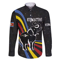 Eswatini Elephant Family Matching Off The Shoulder Long Sleeve Dress and Hawaiian Shirt with Cosmic Background and Swazi Flag Colors