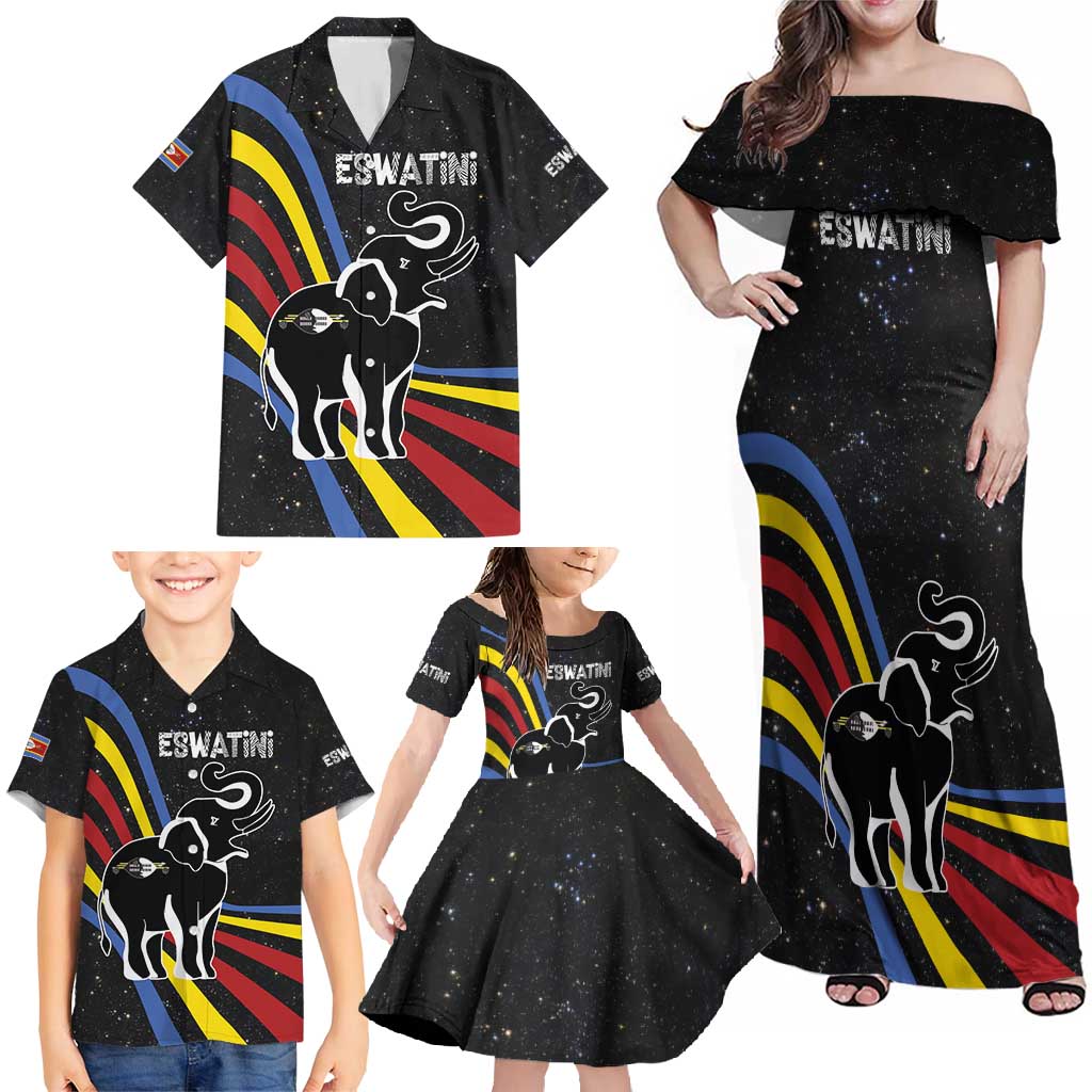 Eswatini Elephant Family Matching Off Shoulder Maxi Dress and Hawaiian Shirt with Cosmic Background and Swazi Flag Colors