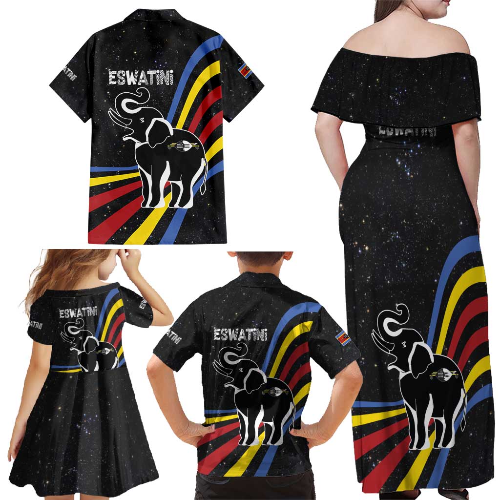 Eswatini Elephant Family Matching Off Shoulder Maxi Dress and Hawaiian Shirt with Cosmic Background and Swazi Flag Colors