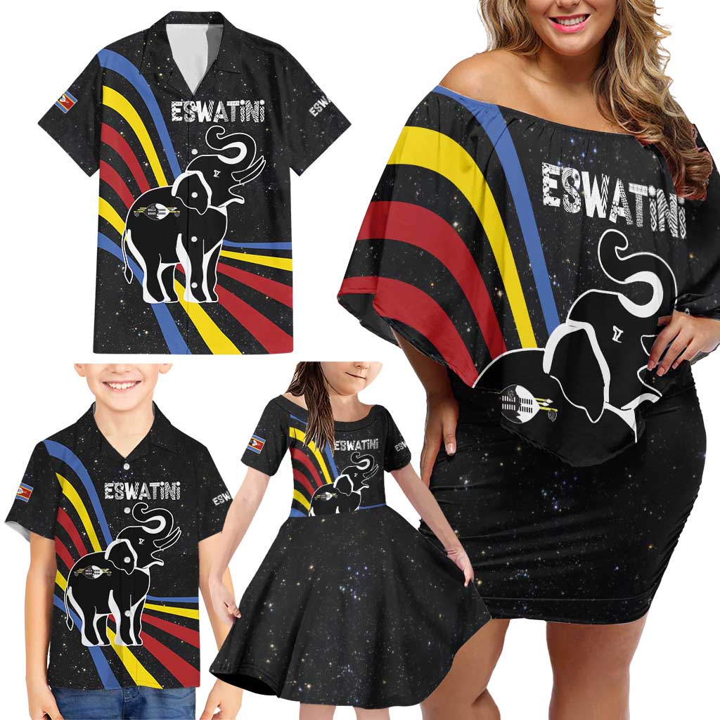 Eswatini Elephant Family Matching Off Shoulder Short Dress and Hawaiian Shirt with Cosmic Background and Swazi Flag Colors