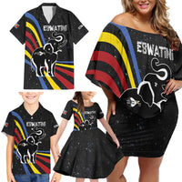 Eswatini Elephant Family Matching Off Shoulder Short Dress and Hawaiian Shirt with Cosmic Background and Swazi Flag Colors