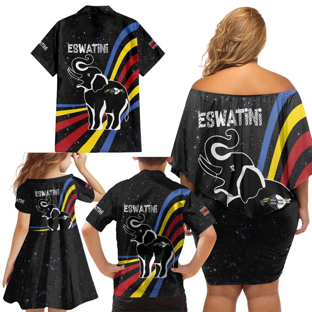 Eswatini Elephant Family Matching Off Shoulder Short Dress and Hawaiian Shirt with Cosmic Background and Swazi Flag Colors
